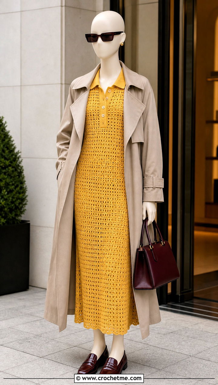 Yellow Crochet Polo Dress With Trench Coat - 15 yellow crochet dress on mannequin outfit ideas