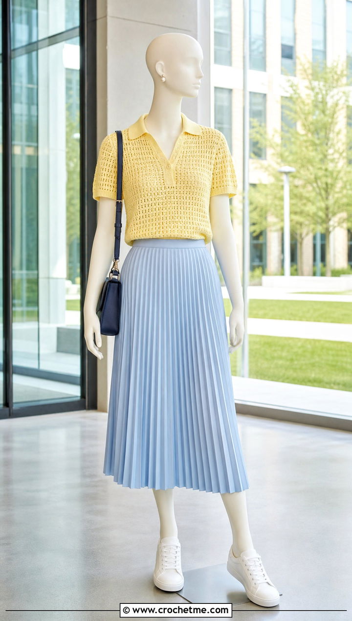 Yellow Crochet Polo Top With Pleated Midi Skirt - 15 yellow crochet top on mannequin outfit ideas