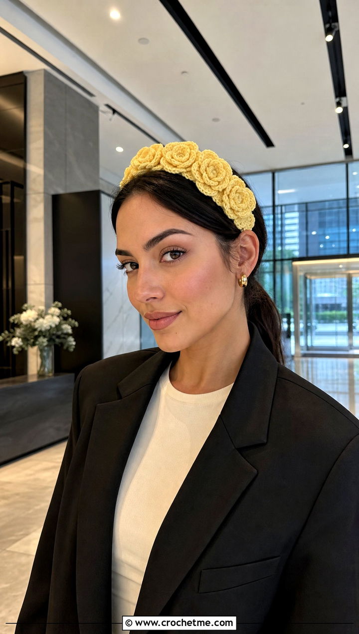 Yellow Crochet Rose Headband With Black Blazer - 15 yellow crochet flower headband outfit ideas