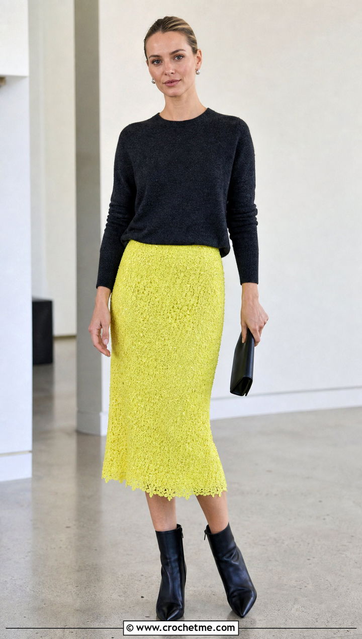 Yellow Crochet Sequin Skirt With Crew Neck Sweater - 35 yellow crochet skirt outfit ideas