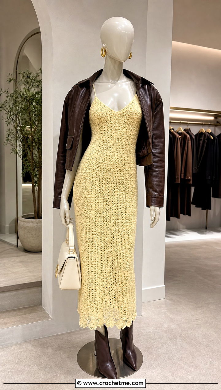 Yellow Crochet Slip Dress With Leather Jacket - 15 yellow crochet dress on mannequin outfit ideas