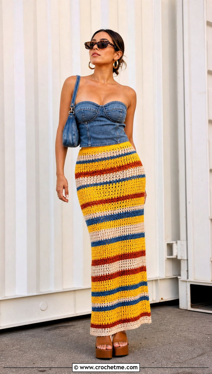 Yellow Crochet Striped Skirt With Denim Bustier - 35 yellow crochet skirt outfit ideas