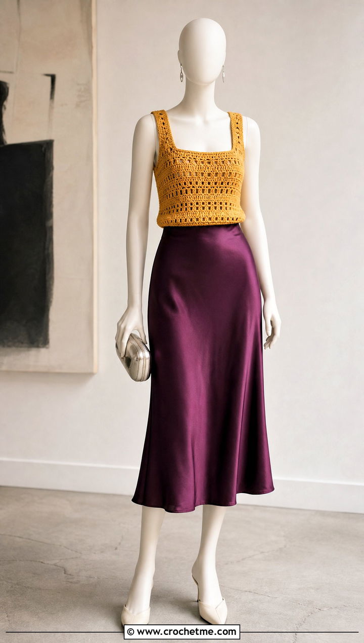 Yellow Crochet Tank Top With Satin Midi Skirt - 15 yellow crochet top on mannequin outfit ideas