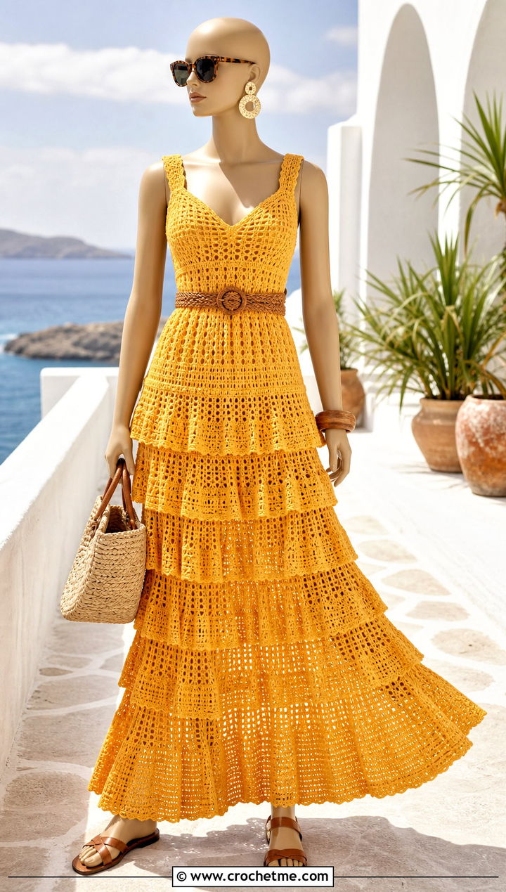 Yellow Crochet Tiered Maxi Dress With Raffia Accessories - 15 yellow crochet dress on mannequin outfit ideas