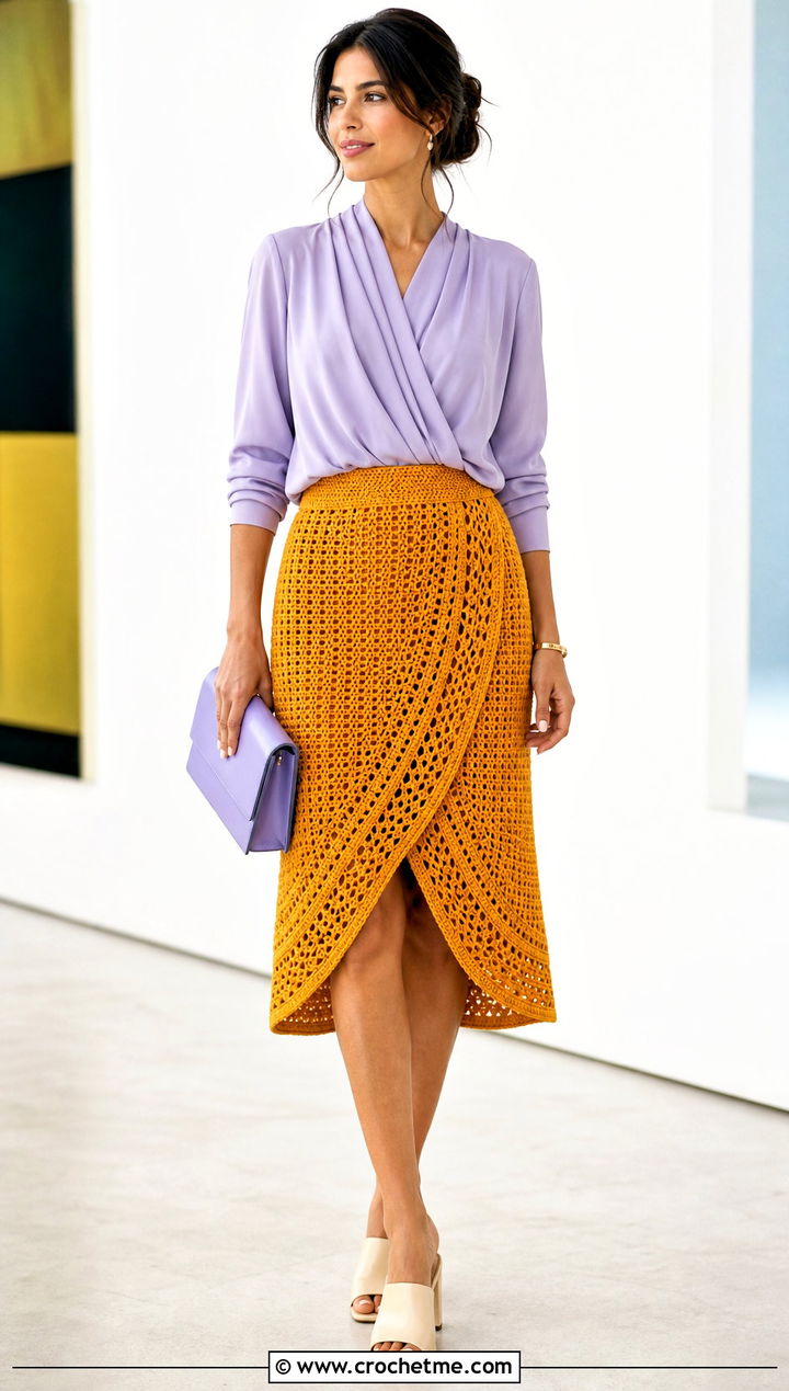 Yellow Crochet Tulip Skirt With Draped Blouse - 35 yellow crochet skirt outfit ideas