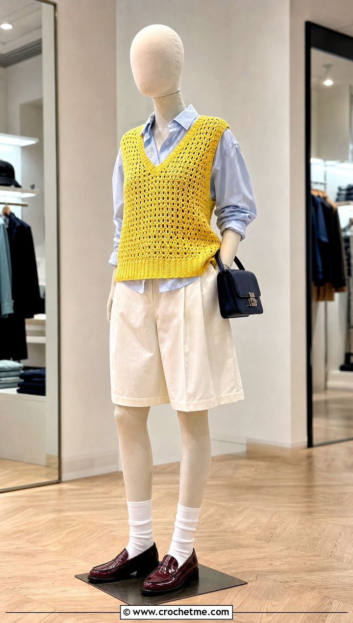 Yellow Crochet Vest Top With Tailored Shorts - 15 yellow crochet top on mannequin outfit ideas