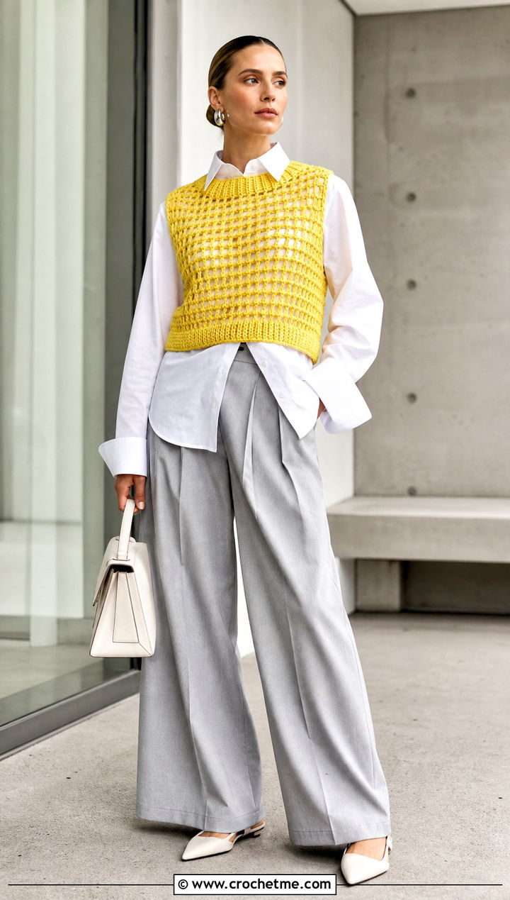 Yellow Cropped Mesh Crocheted Sweater Vest With Wide Leg Trousers - 15 Yellow Crocheted Sweater Vest outfit ideas