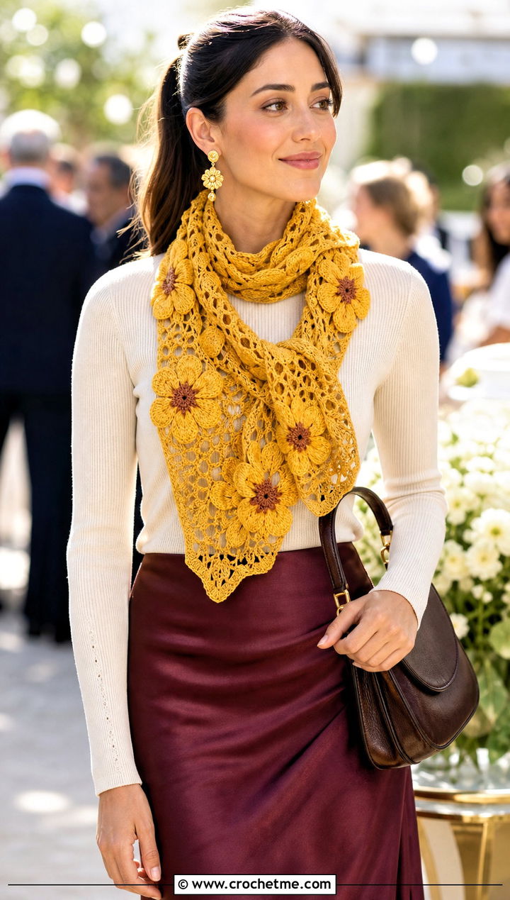 Yellow Floral Crochet Scarf With Satin Skirt - 15 yellow crocheted scarf on table outfit ideas