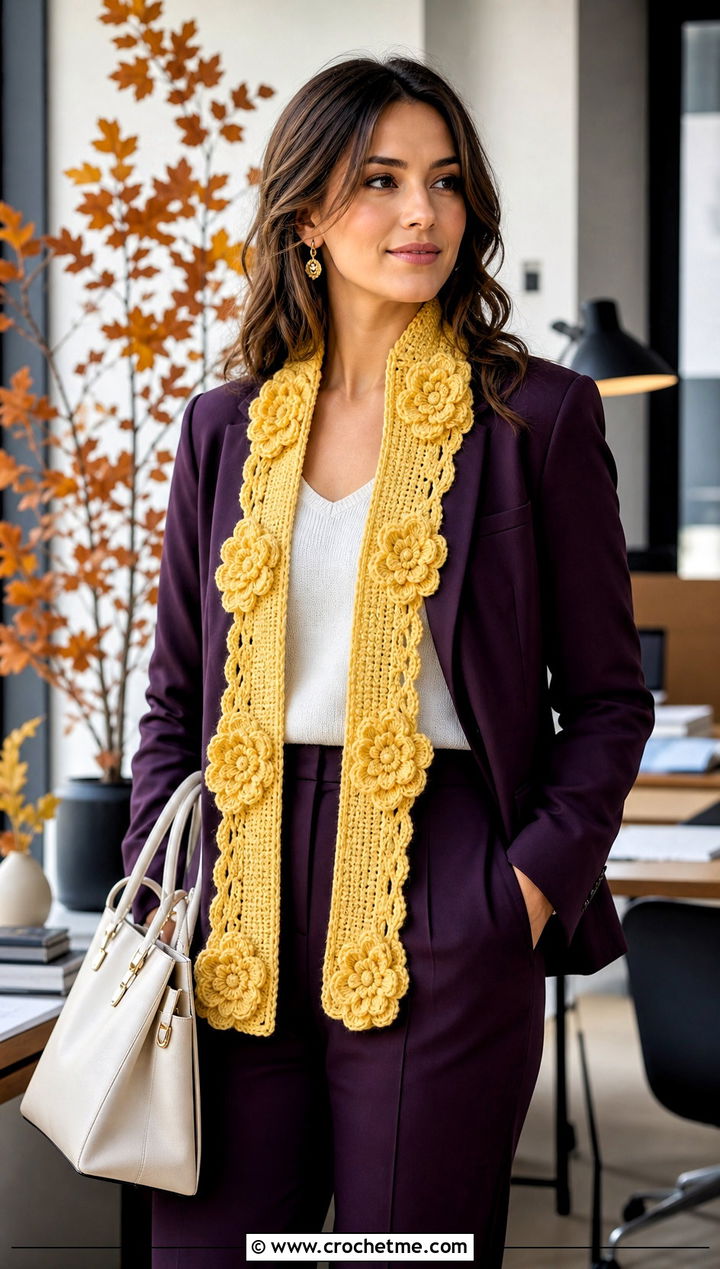 Yellow Flower Applique Crochet Scarf With Trouser Suit - 15 autumn yellow crochet scarf outfit ideas