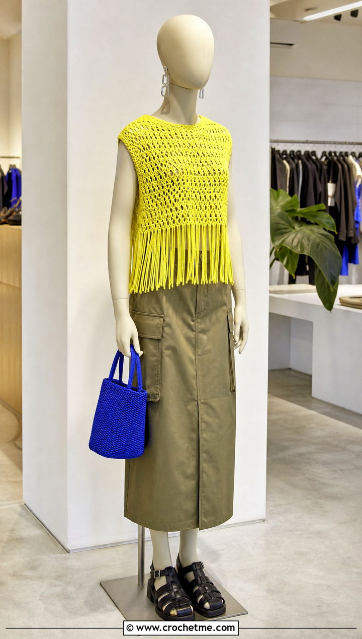 Yellow Fringe Crochet Top With Utility Midi Skirt - 15 yellow crochet top on mannequin outfit ideas