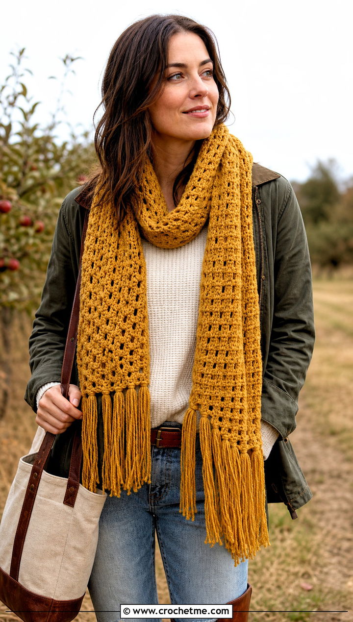 Yellow Fringed Crochet Scarf With Barn Jacket - 15 autumn yellow crochet scarf outfit ideas