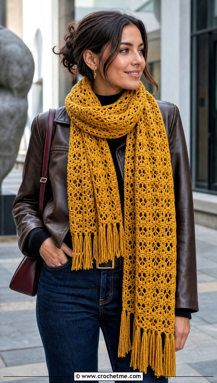 Yellow Fringed Crochet Scarf With Leather Jacket - 15 yellow crocheted scarf on table outfit ideas