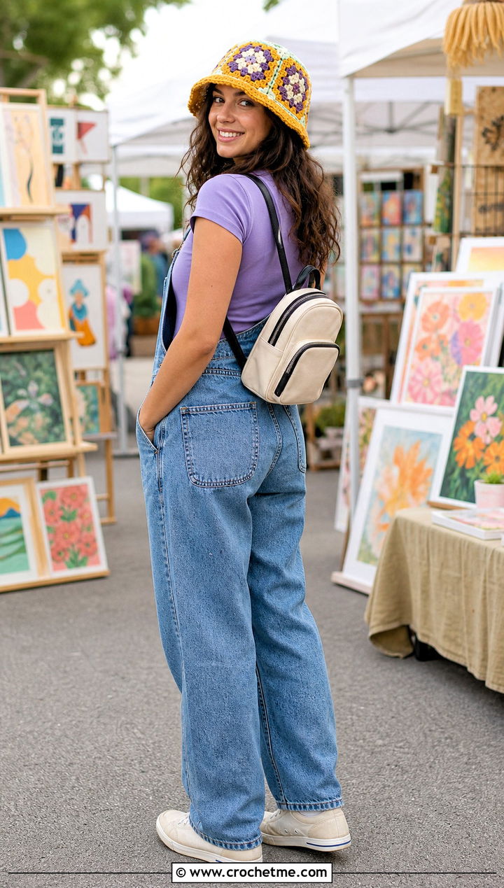 Yellow Granny Square Crochet Bucket Hat With Denim Overalls - 35 yellow crochet hat outfit ideas