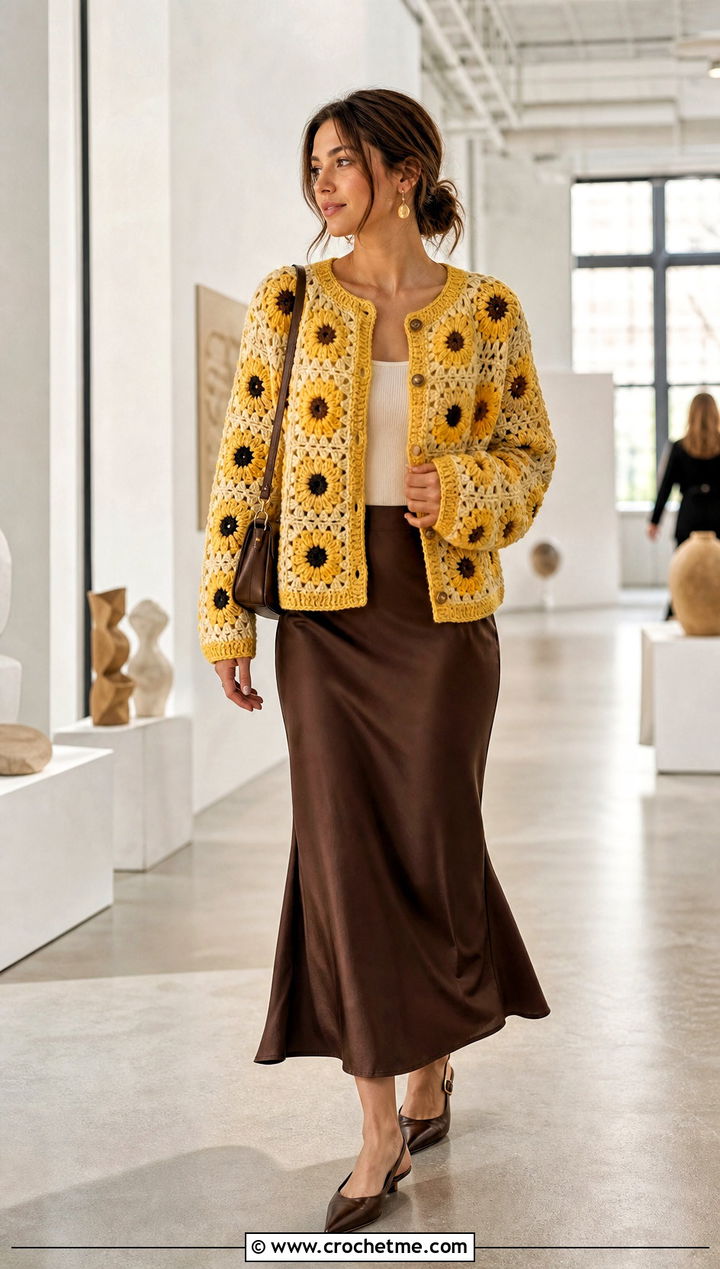 Yellow Granny Square Crochet Cardigan With Satin Slip Skirt - 15 Yellow Crochet Cardigan With Buttons outfit ideas