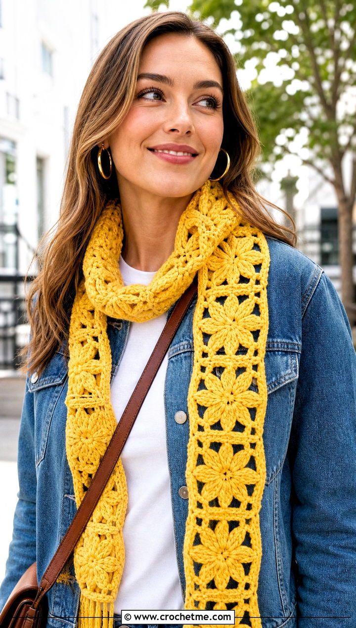 Yellow Granny Square Crochet Scarf With Denim Jacket - 15 yellow crocheted scarf on table outfit ideas