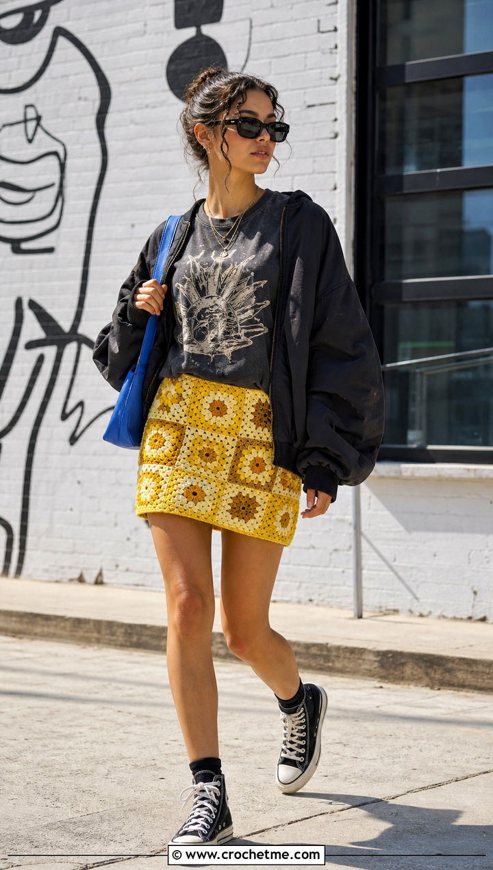 Yellow Granny Square Crochet Skirt With Graphic Tee - 35 yellow crochet skirt outfit ideas