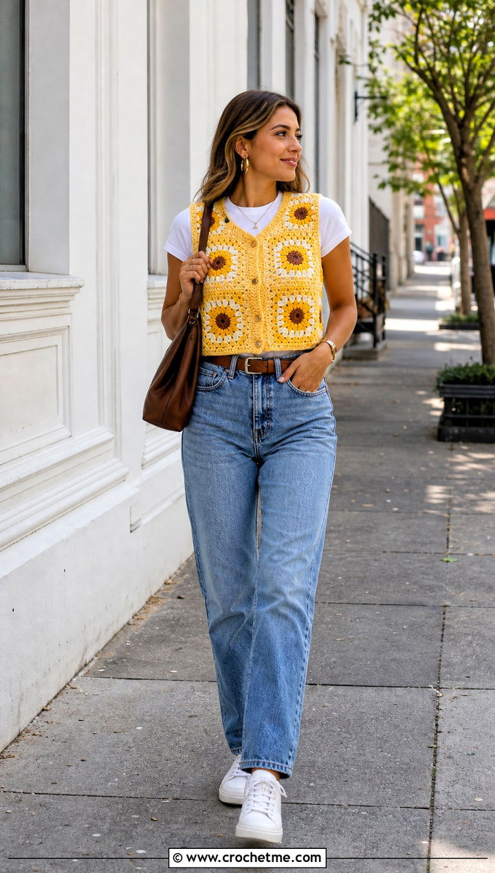 Yellow Granny Square Crocheted Sweater Vest With Straight Leg Jeans - 15 Yellow Crocheted Sweater Vest outfit ideas