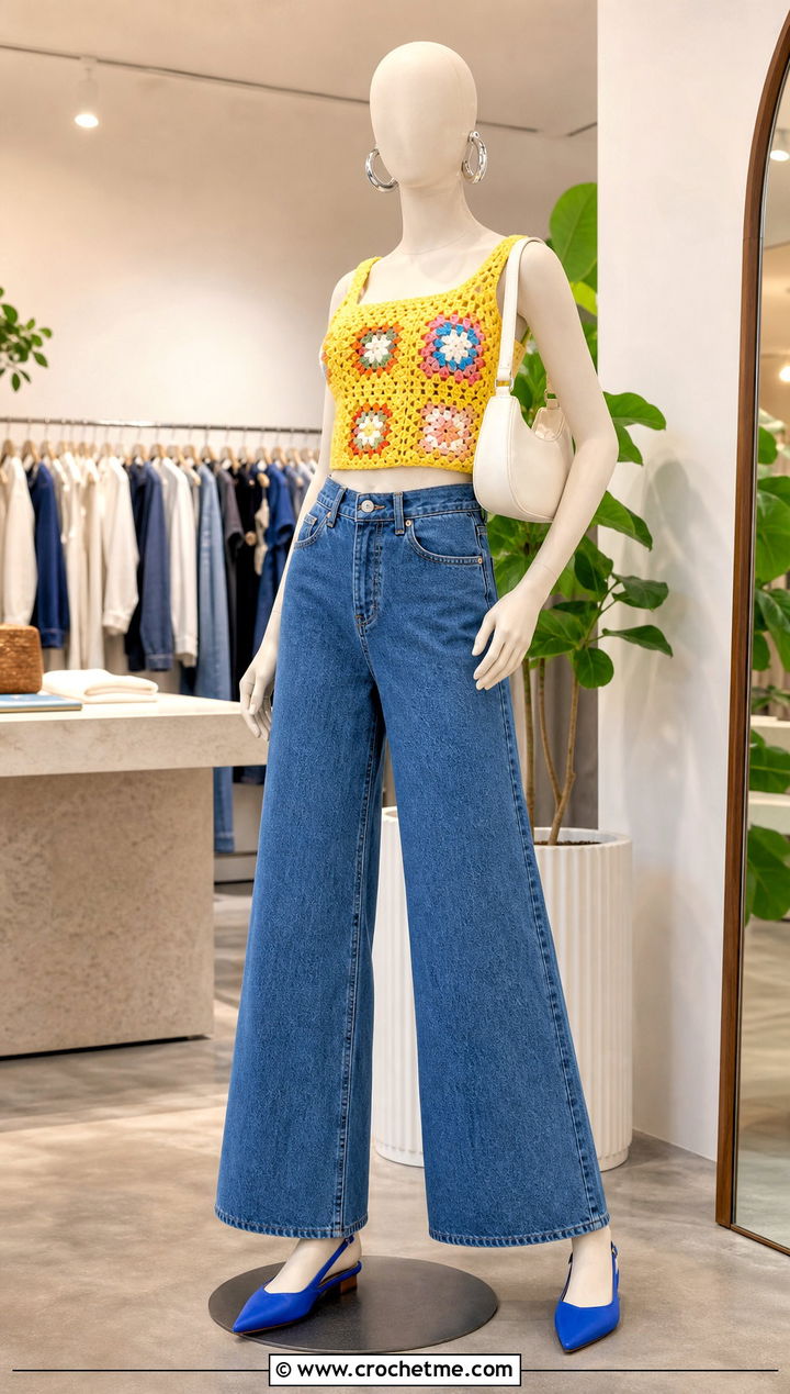 Yellow Granny Square Crop Top With Wide Leg Jeans - 15 yellow crochet top on mannequin outfit ideas