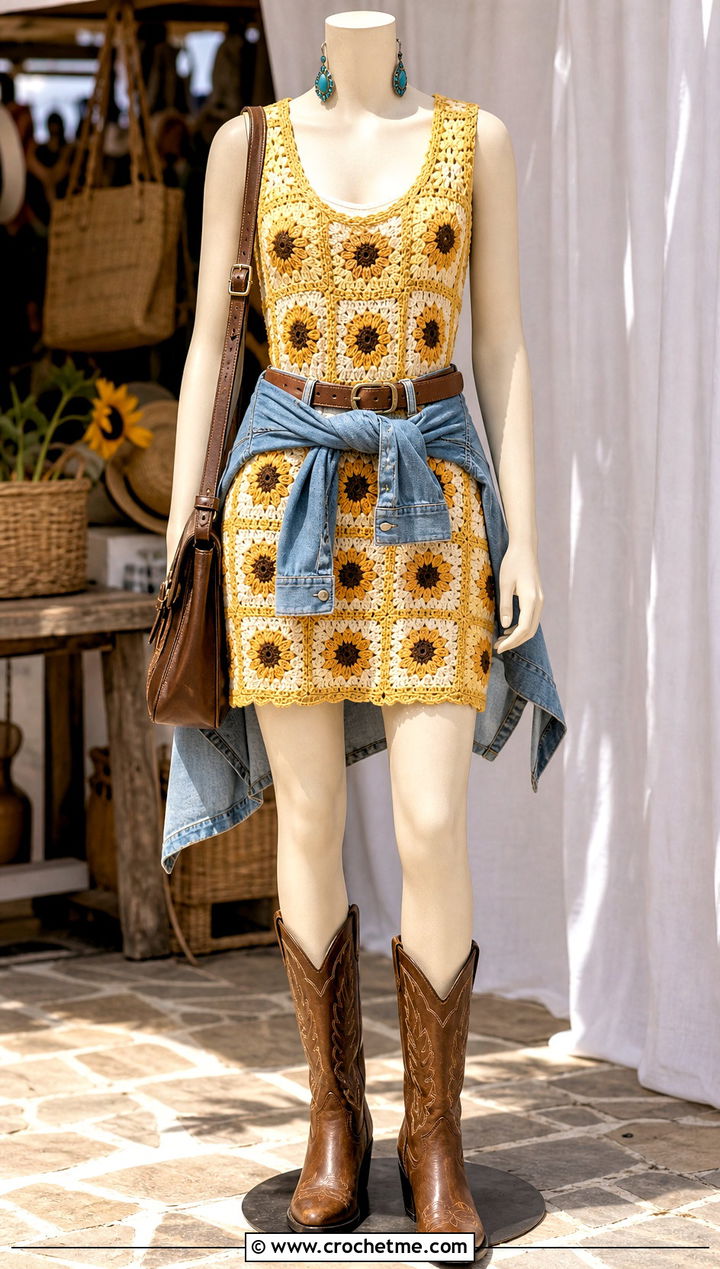 Yellow Granny Square Mini Dress With Cowboy Boots - 15 yellow crochet dress on mannequin outfit ideas