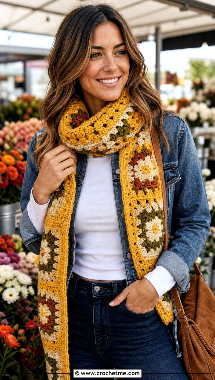 Yellow Granny Square Scarf With Denim Jacket - 15 autumn yellow crochet scarf outfit ideas