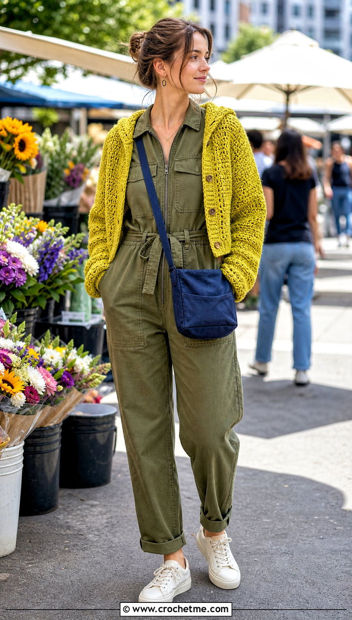 Yellow Hooded Crochet Cardigan With Utility Jumpsuit - 15 Yellow Crochet Cardigan With Buttons outfit ideas