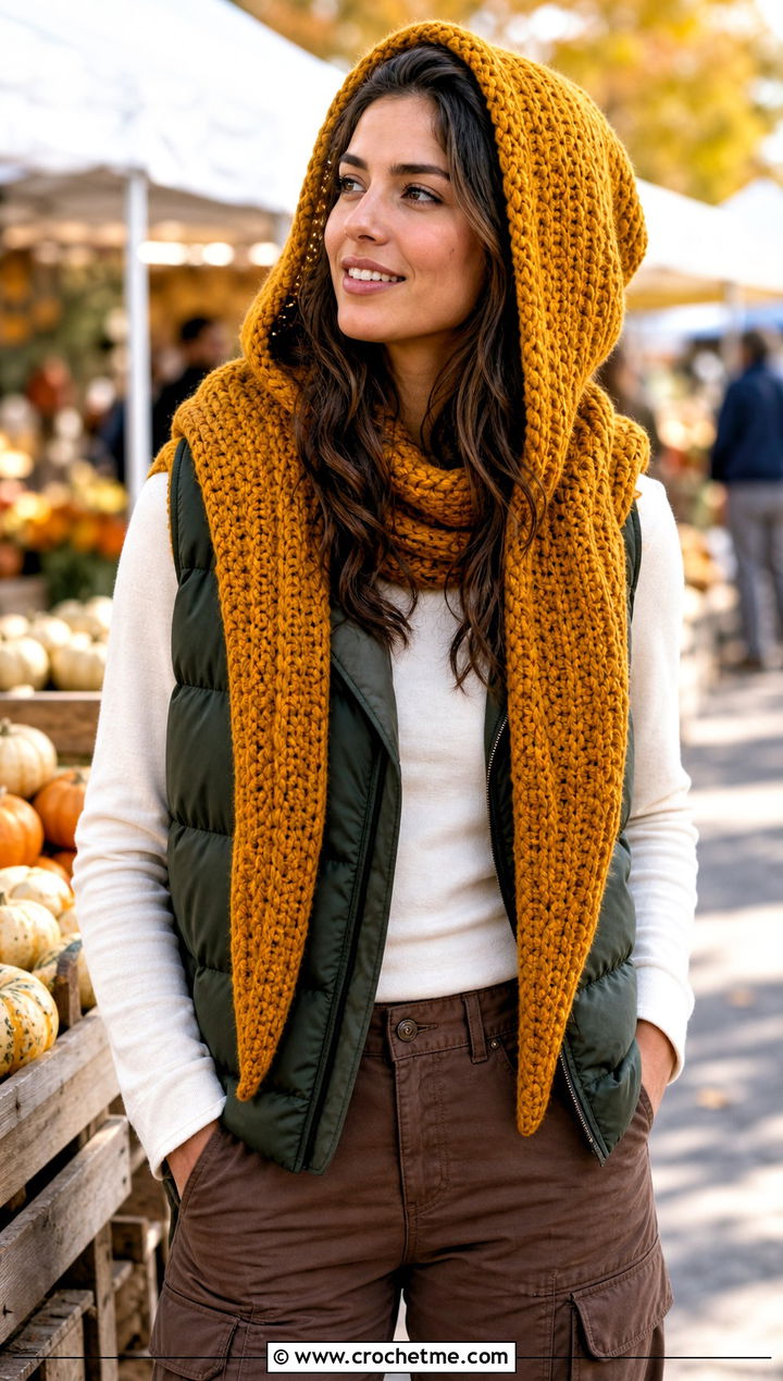 Yellow Hooded Crochet Scarf With Puffer Vest - 15 yellow crocheted scarf on table outfit ideas