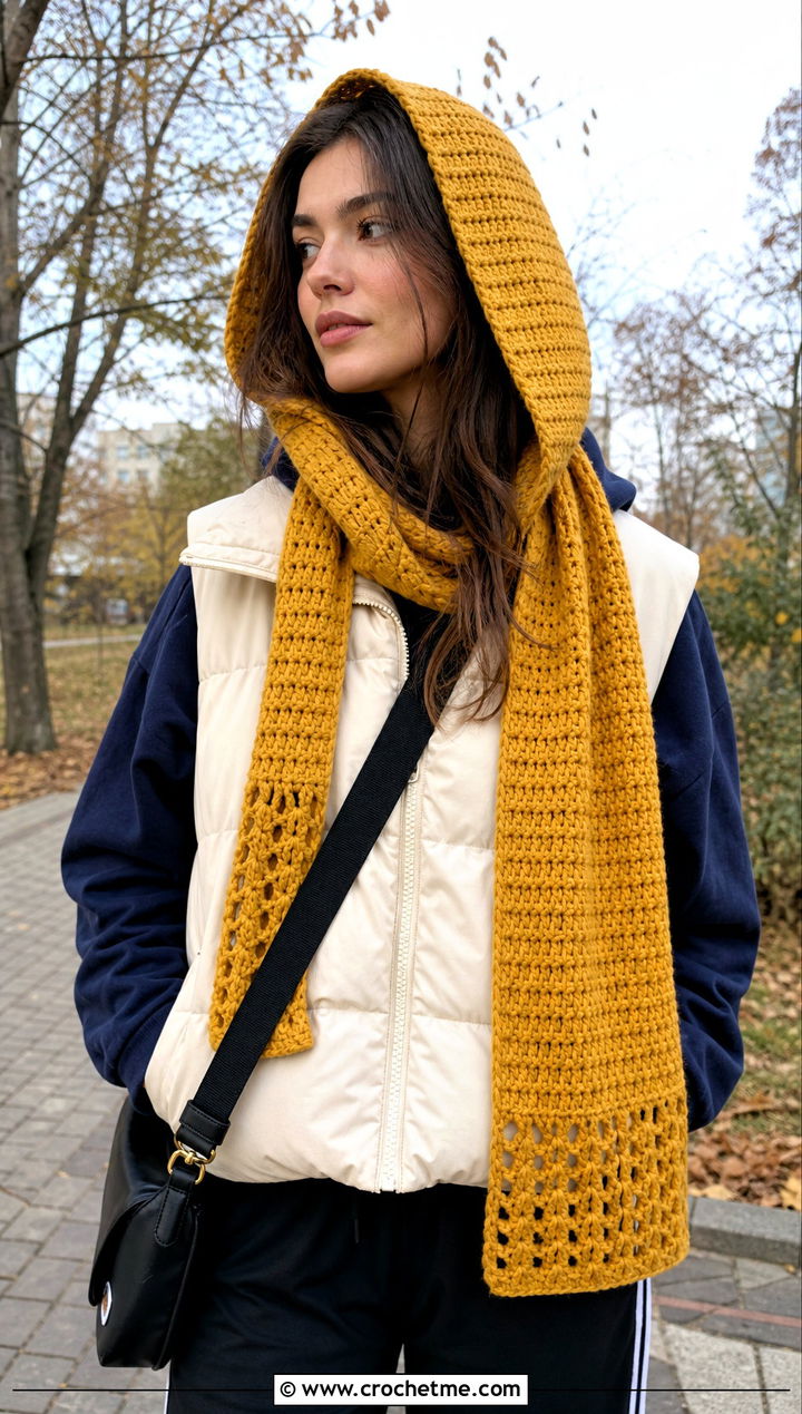 Yellow Hooded Crochet Scarf With Puffer Vest - 15 autumn yellow crochet scarf outfit ideas