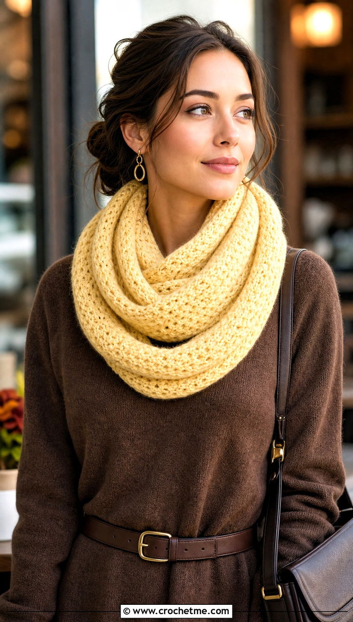 Yellow Infinity Crochet Scarf With Sweater Dress - 15 autumn yellow crochet scarf outfit ideas