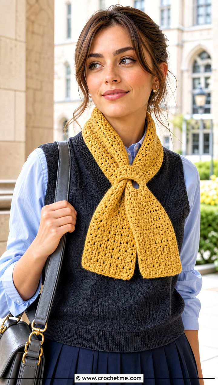 Yellow Keyhole Crochet Scarf With Sweater Vest - 15 yellow crocheted scarf on table outfit ideas