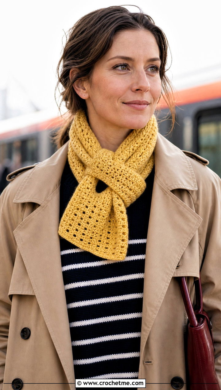 Yellow Keyhole Crochet Scarf With Trench Coat - 15 autumn yellow crochet scarf outfit ideas