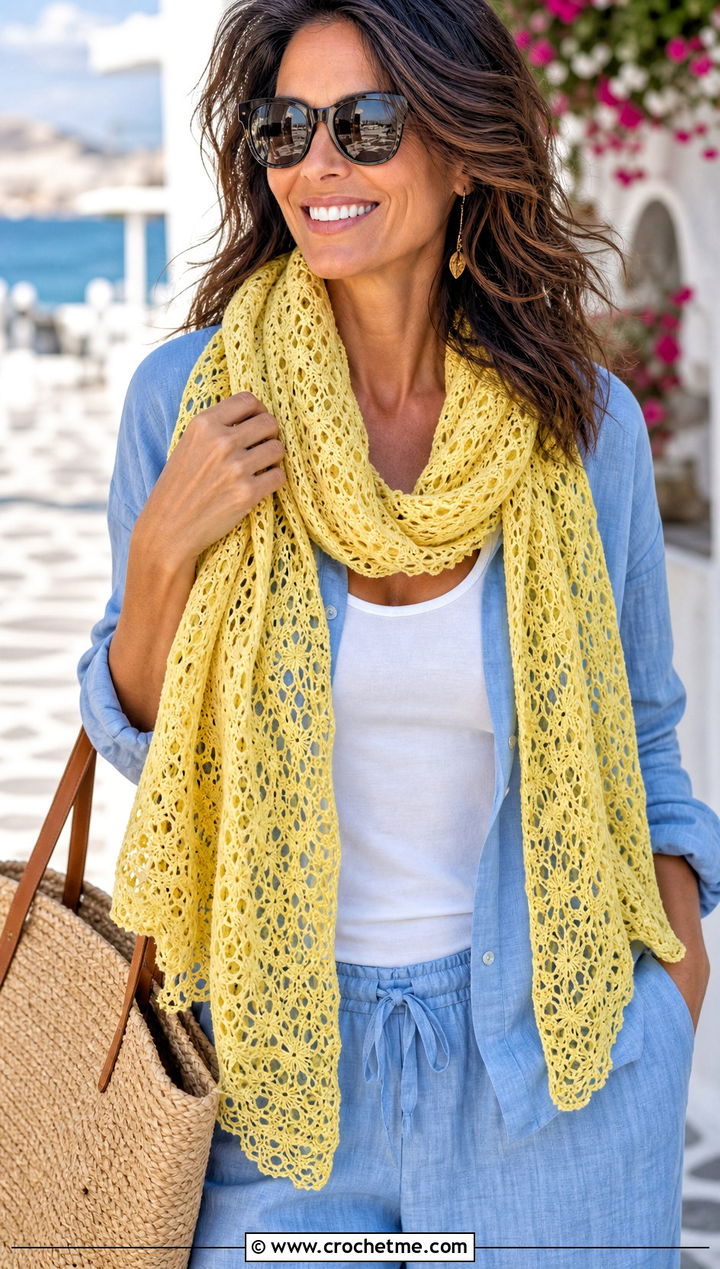 Yellow Lace Mesh Crochet Scarf With Linen Set - 15 yellow crocheted scarf on table outfit ideas