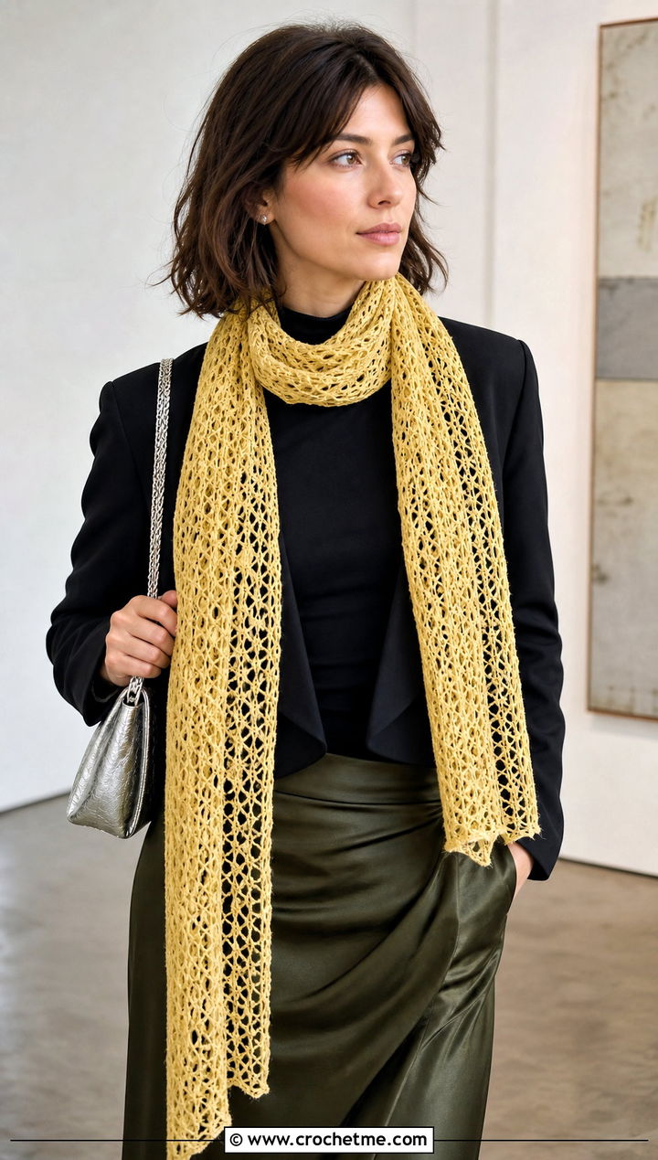 Yellow Lace Mesh Crochet Scarf With Satin Skirt - 15 autumn yellow crochet scarf outfit ideas