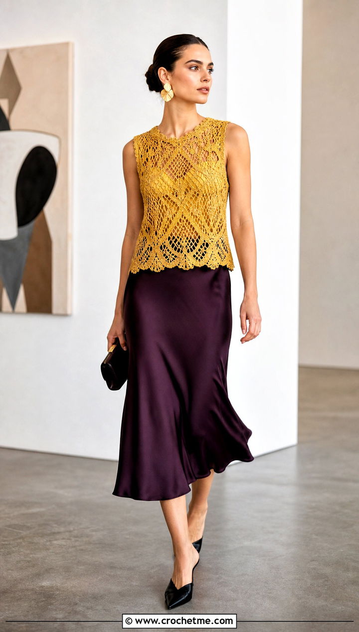 Yellow Lace Stitch Crocheted Sweater Vest With Satin Midi Skirt - 15 Yellow Crocheted Sweater Vest outfit ideas