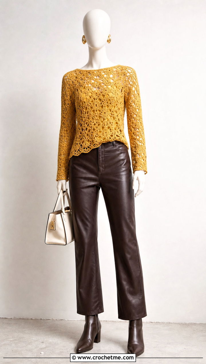 Yellow Long Sleeve Crochet Top With Leather Pants - 15 yellow crochet top on mannequin outfit ideas