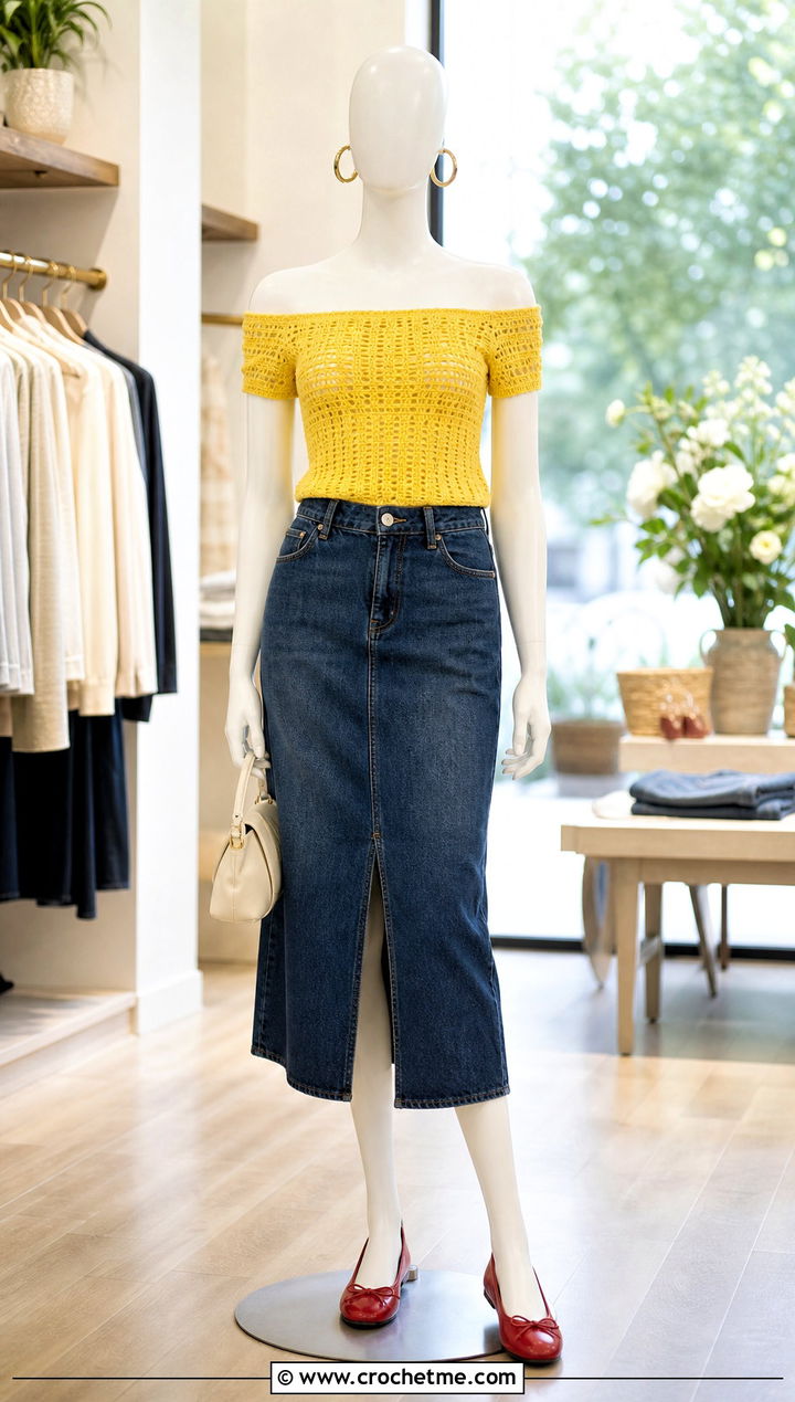 Yellow Off Shoulder Crochet Top With Denim Midi Skirt - 15 yellow crochet top on mannequin outfit ideas