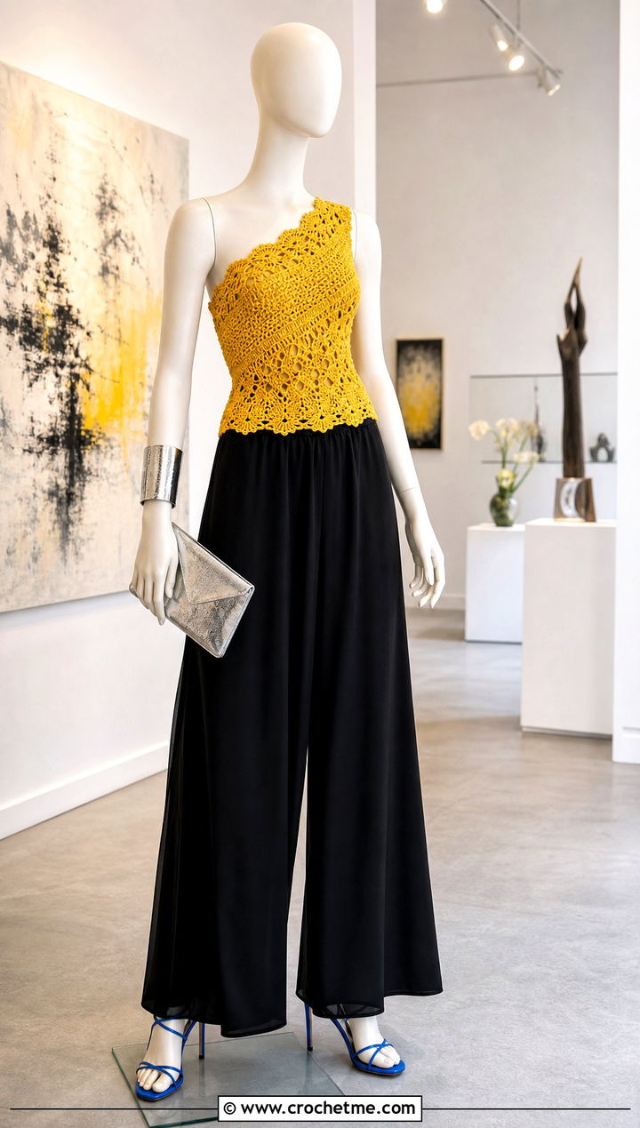 Yellow One Shoulder Crochet Top With Palazzo Pants - 15 yellow crochet top on mannequin outfit ideas