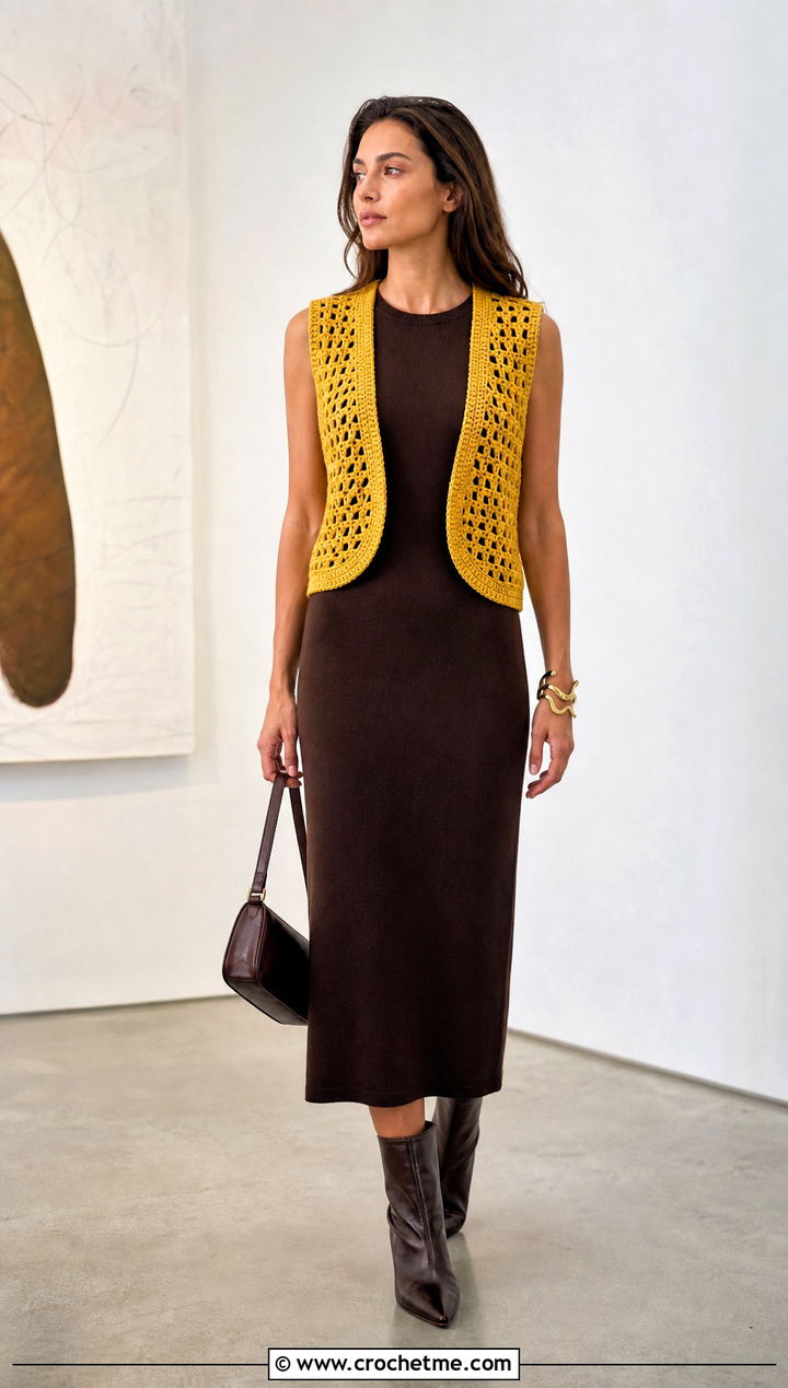 Yellow Open Front Crocheted Sweater Vest With Column Dress - 15 Yellow Crocheted Sweater Vest outfit ideas