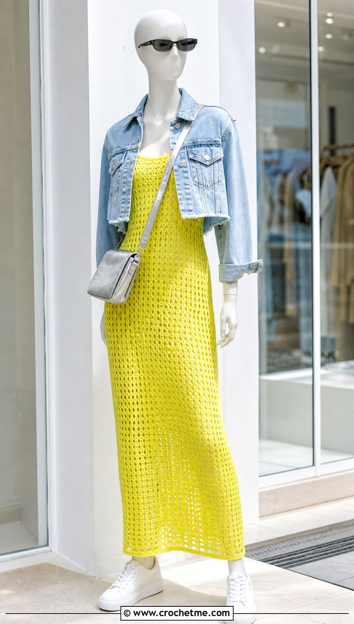 Yellow Open Knit Maxi Dress With Denim Jacket - 15 yellow crochet dress on mannequin outfit ideas