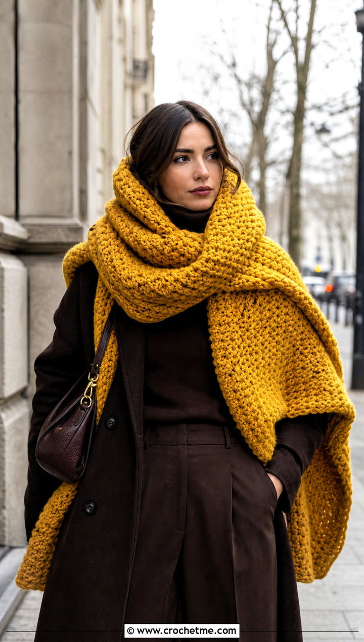 Yellow Oversized Blanket Crochet Scarf With Monochrome Layers - 15 autumn yellow crochet scarf outfit ideas