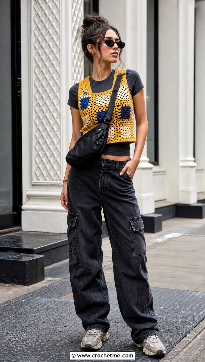 Yellow Patchwork Crocheted Sweater Vest With Cargo Pants - 15 Yellow Crocheted Sweater Vest outfit ideas