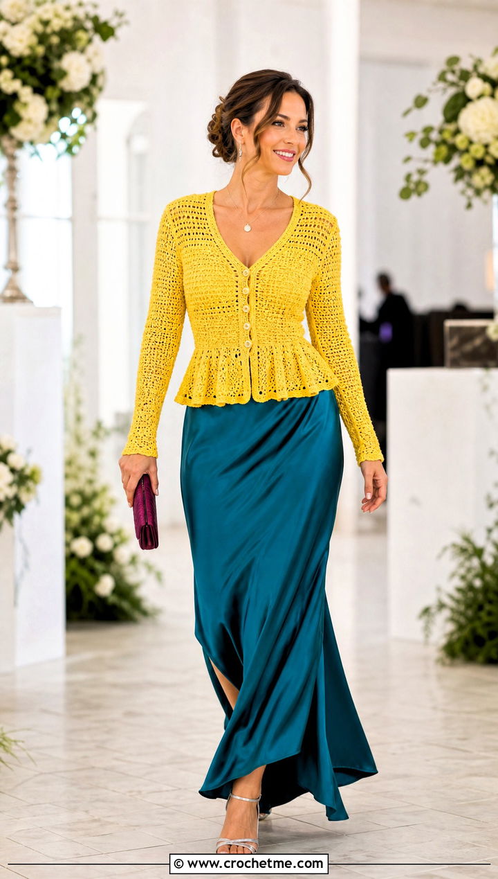 Yellow Peplum Crochet Cardigan With Satin Maxi Skirt - 15 Yellow Crochet Cardigan With Buttons outfit ideas