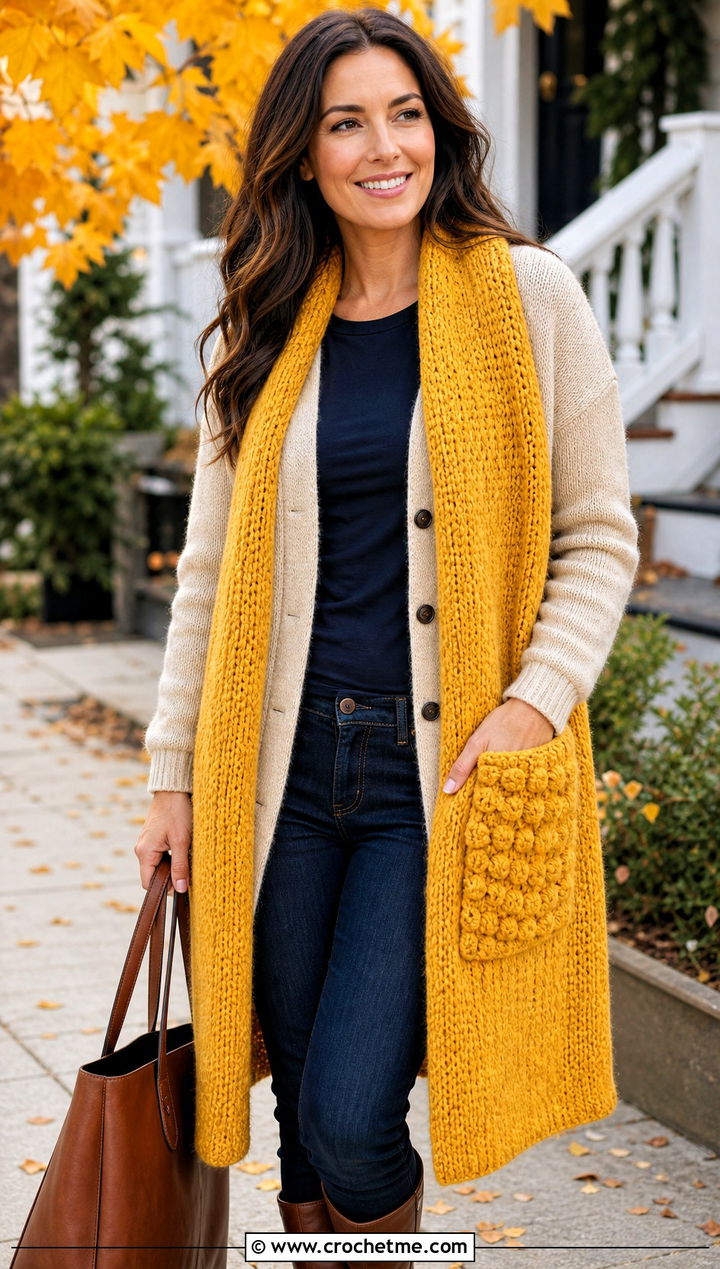Yellow Pocket Crochet Scarf With Long Cardigan - 15 autumn yellow crochet scarf outfit ideas