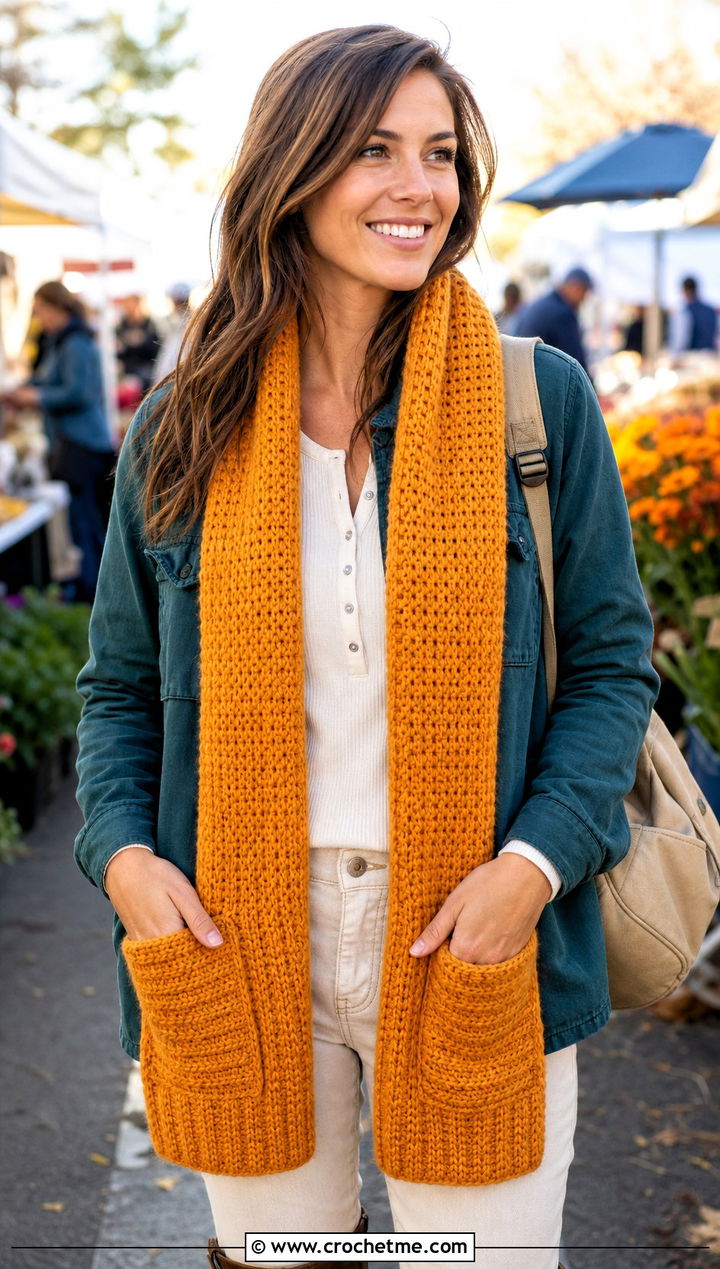 Yellow Pocket Crochet Scarf With Utility Jacket - 15 yellow crocheted scarf on table outfit ideas