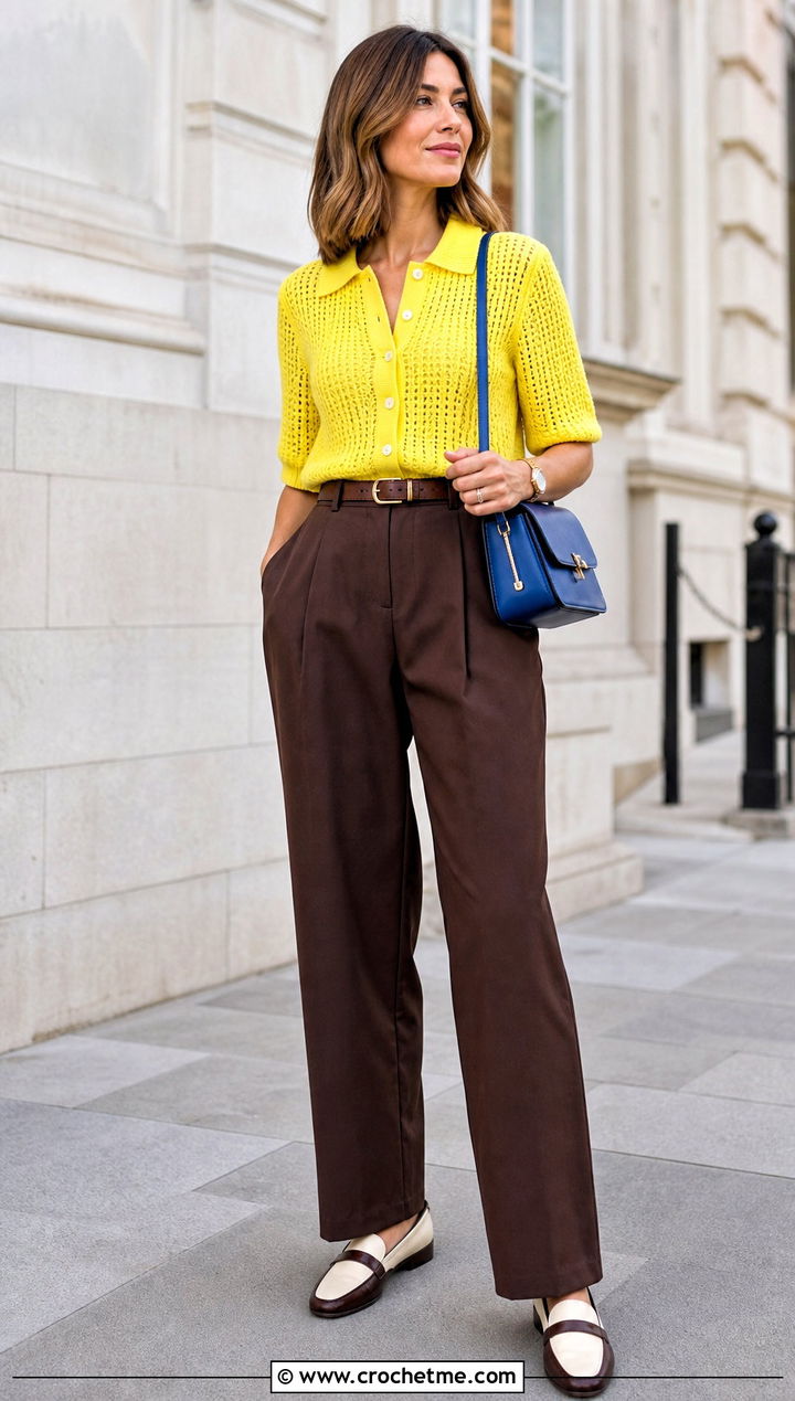 Yellow Polo Collar Crochet Cardigan With Pleated Trousers - 15 Yellow Crochet Cardigan With Buttons outfit ideas