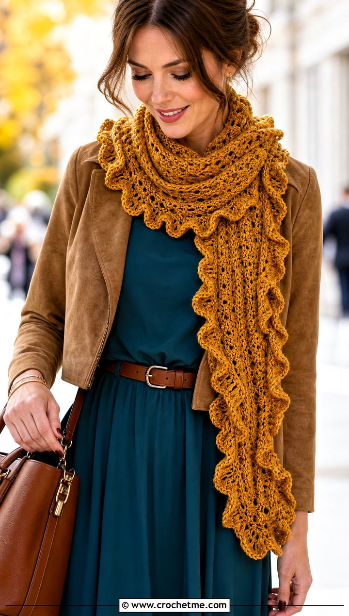 Yellow Ruffled Crochet Scarf With Midi Dress - 15 autumn yellow crochet scarf outfit ideas