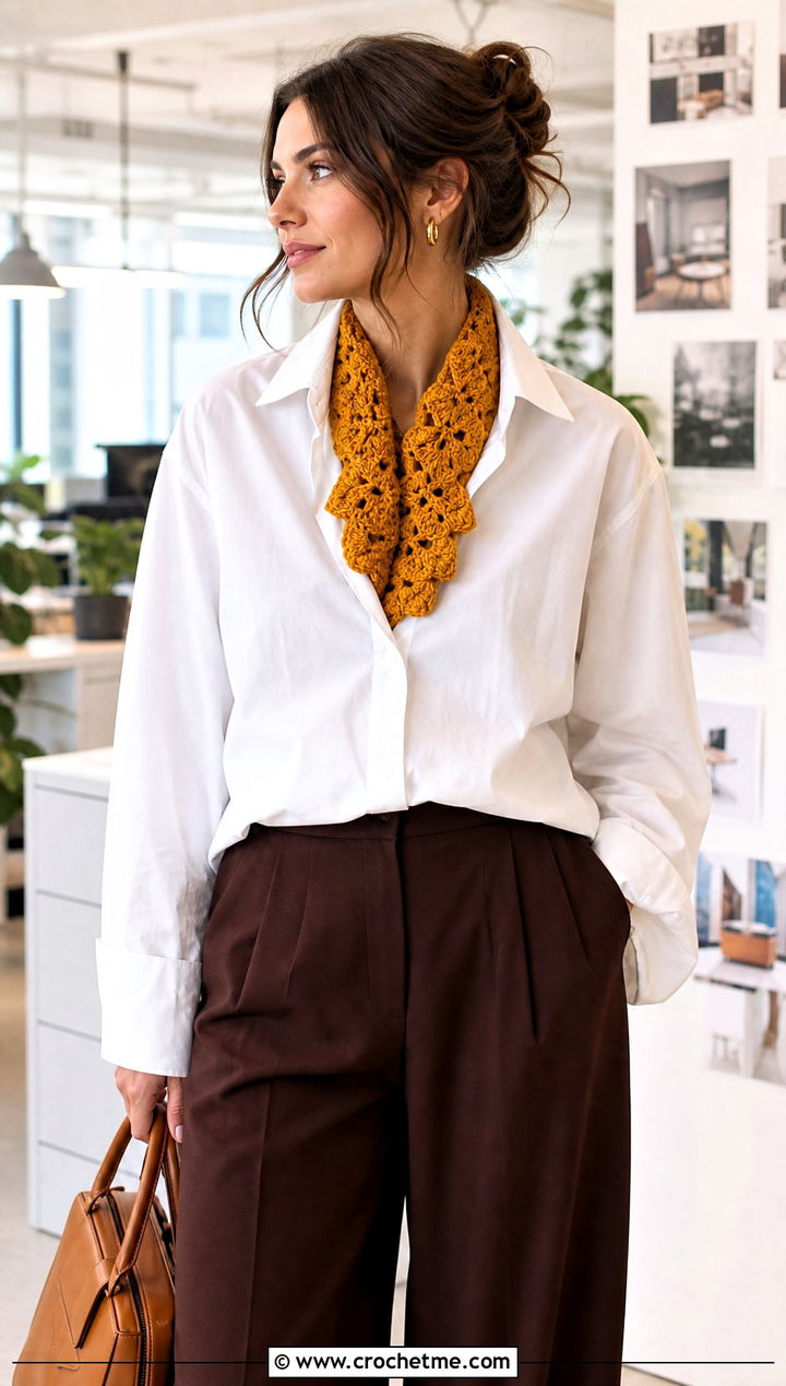 Yellow Shell Stitch Crochet Scarf With White Shirt - 15 yellow crocheted scarf on table outfit ideas