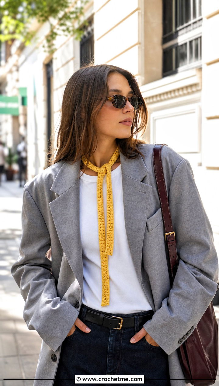 Yellow Skinny Crochet Scarf With Oversized Blazer - 15 autumn yellow crochet scarf outfit ideas