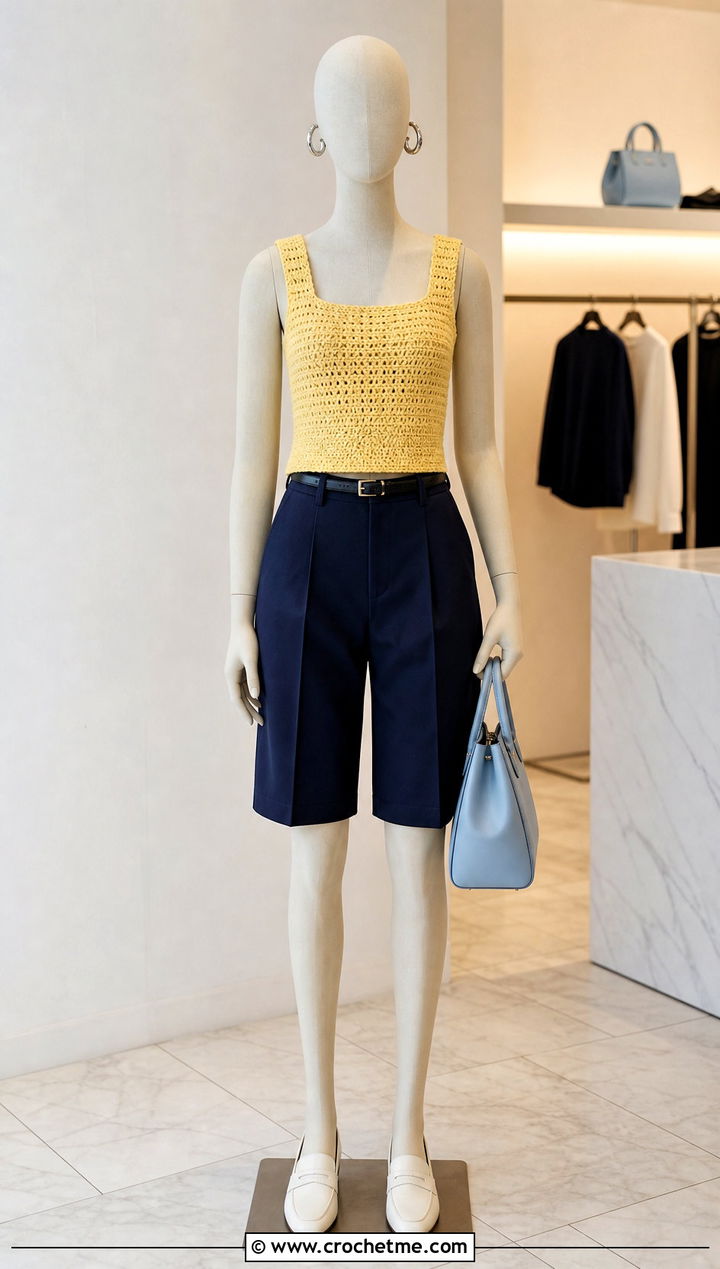 Yellow Square Neck Crochet Top With Bermuda Shorts - 15 yellow crochet top on mannequin outfit ideas