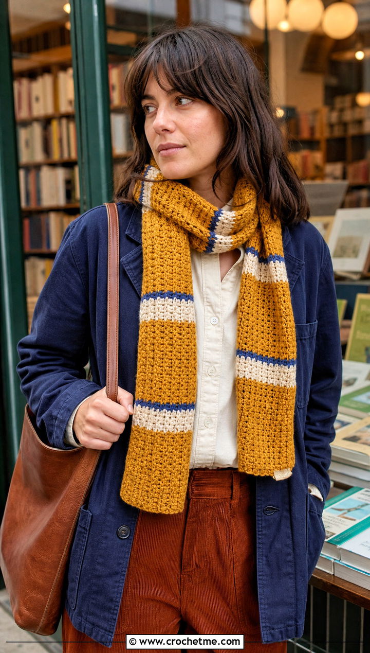 Yellow Striped Crochet Scarf With Corduroy Outfit - 15 autumn yellow crochet scarf outfit ideas
