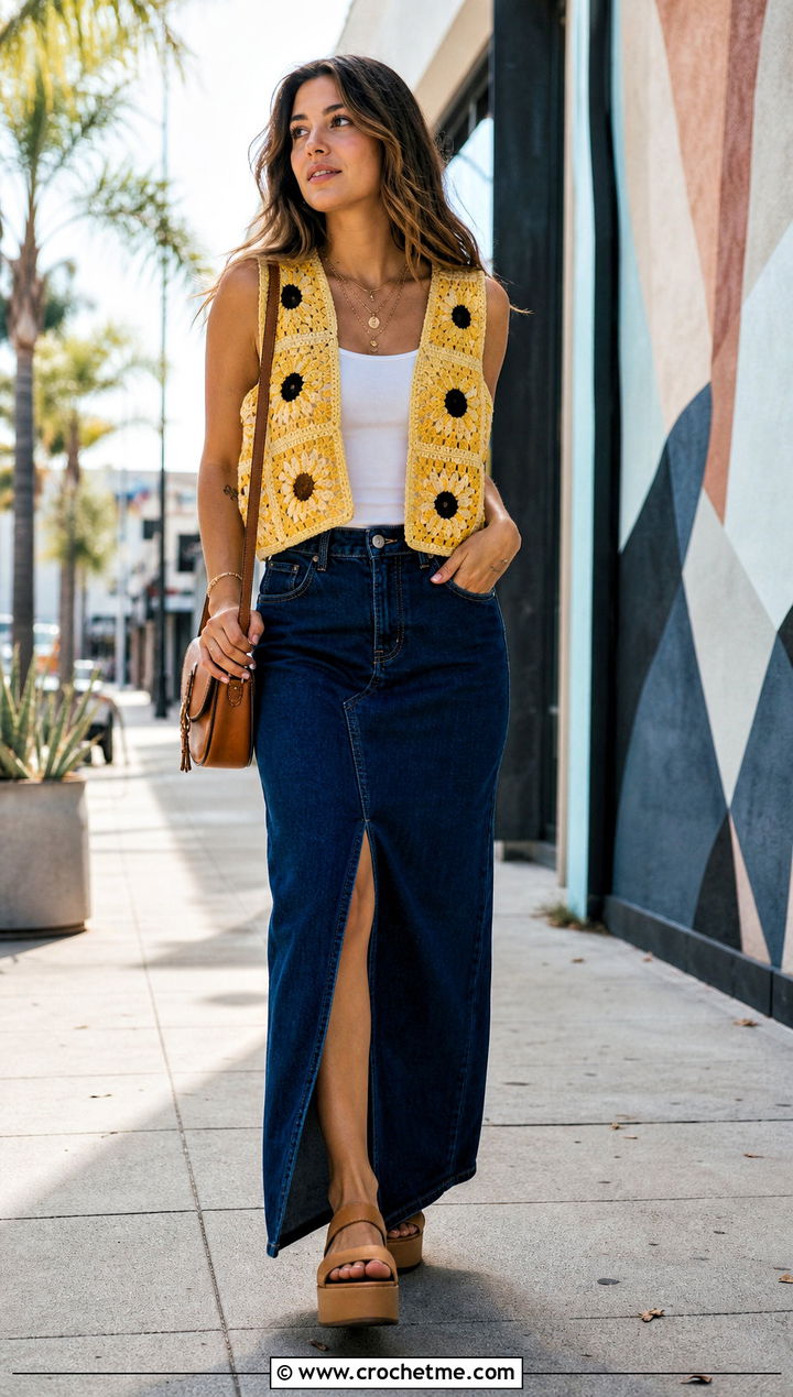 Yellow Sunburst Granny Square Crocheted Sweater Vest With Denim Maxi Skirt - 15 Yellow Crocheted Sweater Vest outfit ideas